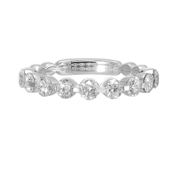Single prong setting highlights the round diamond on the band is a perfect choice to stack with other bands or rings of your choice.