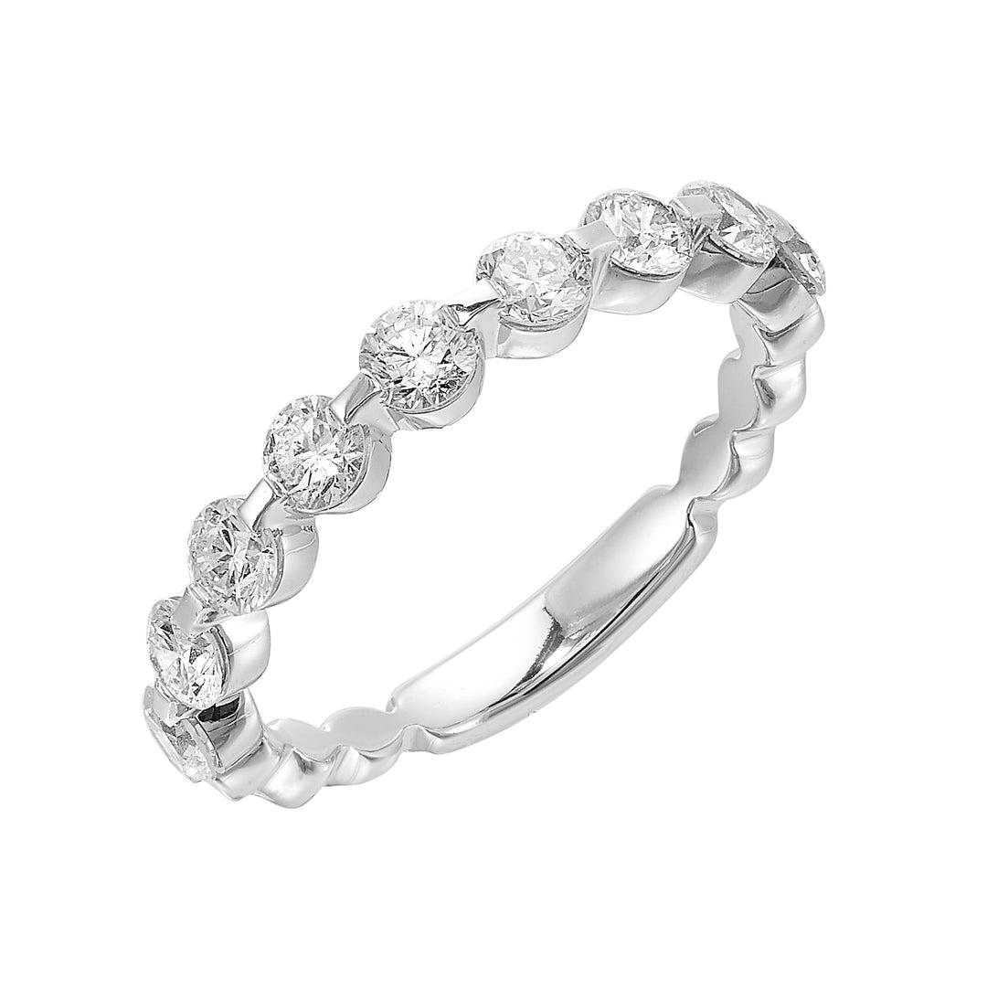 Single prong setting highlights the round diamond on the band is a perfect choice to stack with other bands or rings of your choice.