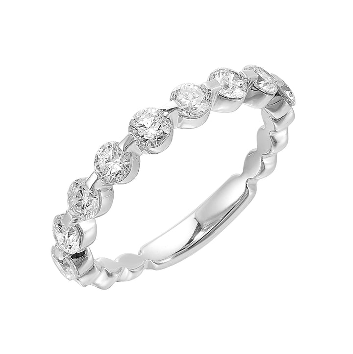 Single prong setting highlights the round diamond on the band is a perfect choice to stack with other bands or rings of your choice.