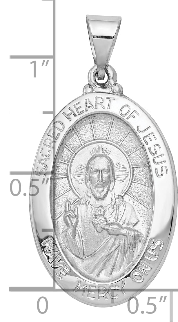 14K White Gold Polish/Satin Sacred Heart Jesus Hollow Pendant