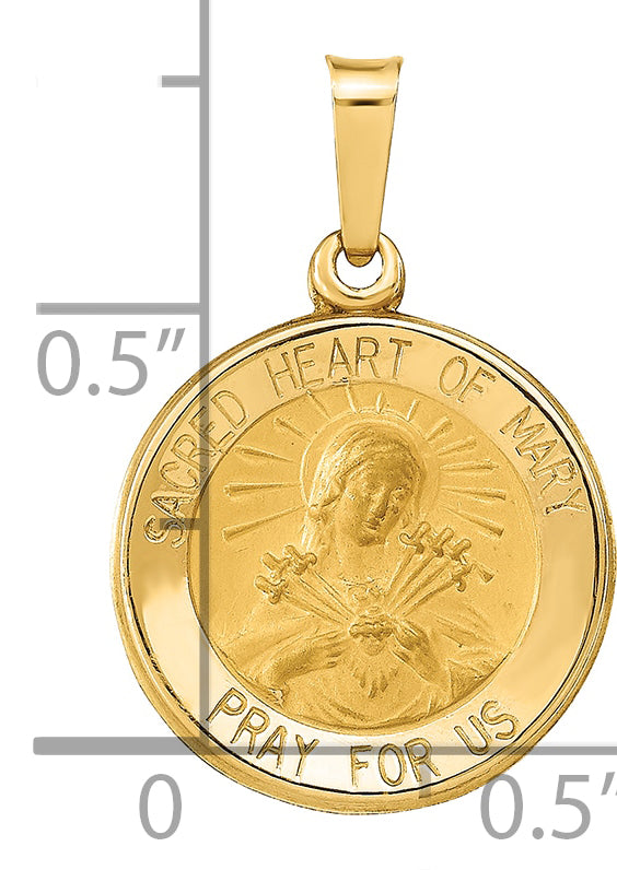 14k Polished and Satin Sacred Heart of Mary Medal Hollow Pendant