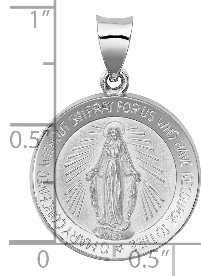 14k White Gold Polished /Satin Miraculous Medal Hollow Pendant
