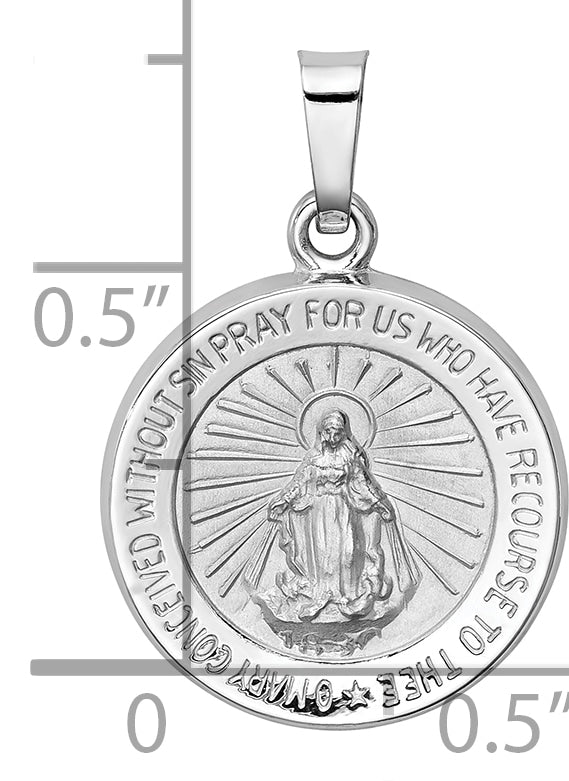 14k White Gold Polished / Satin Miraculous Medal Hollow Pendant