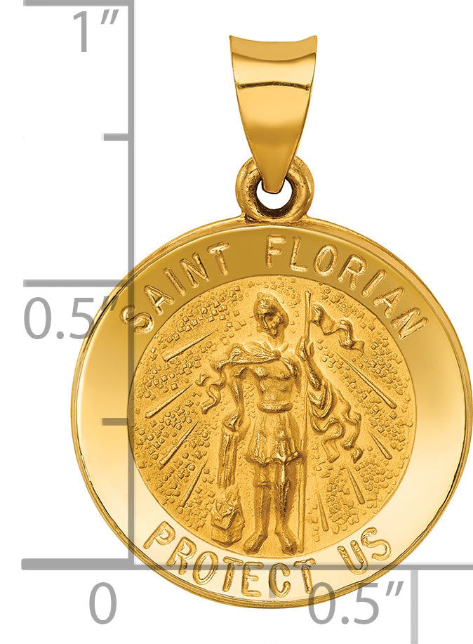 14k Polished and Satin St Florian Medal Hollow Pendant