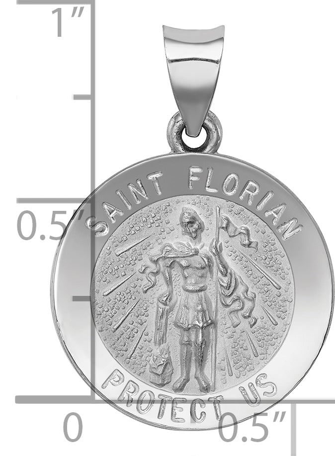 14k White Gold Polished and Satin St Florian Medal Hollow Pendant