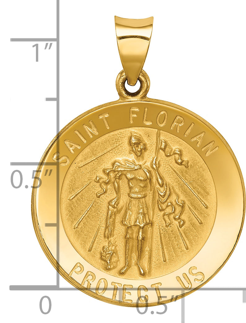 14k Polished and Satin St Florian Medal Hollow Pendant