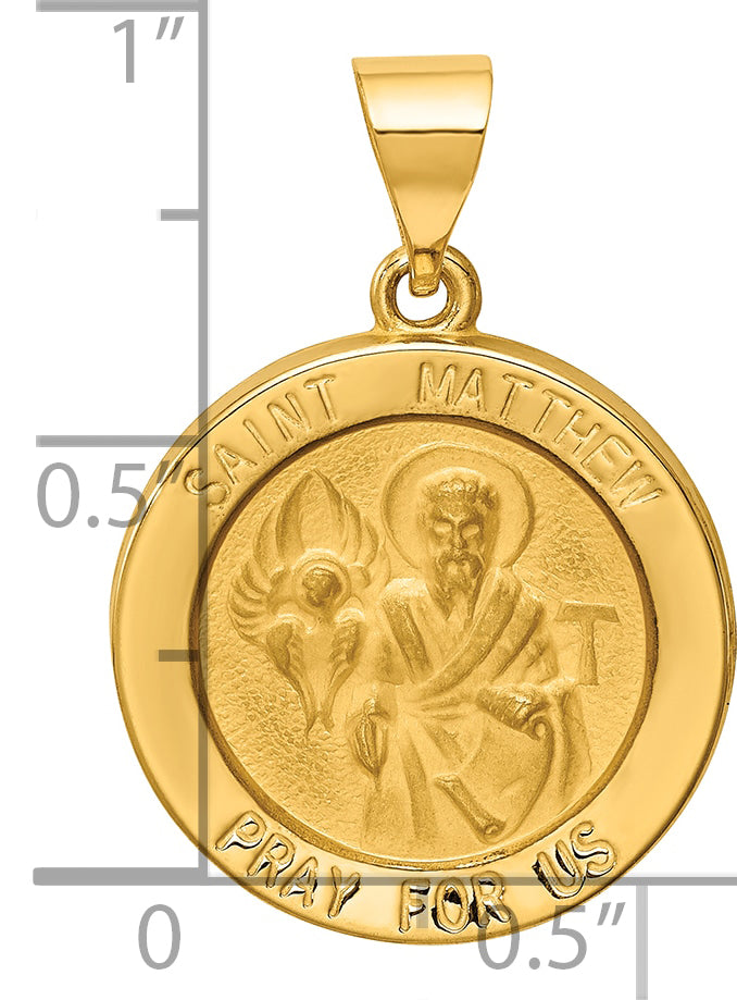 14k Polished and Satin St Matthew Medal Hollow Pendant