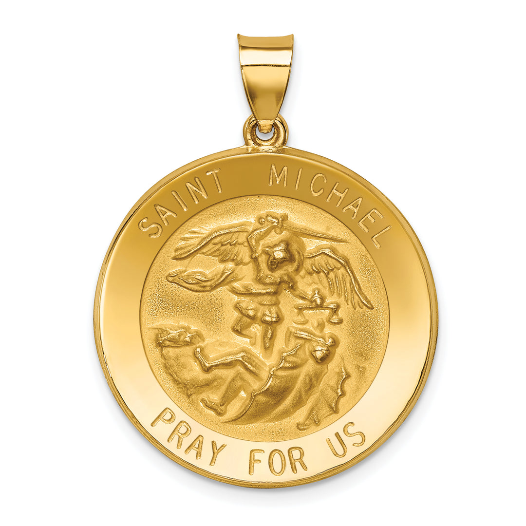 14k Polished and Satin St Michael Medal Hollow Pendant
