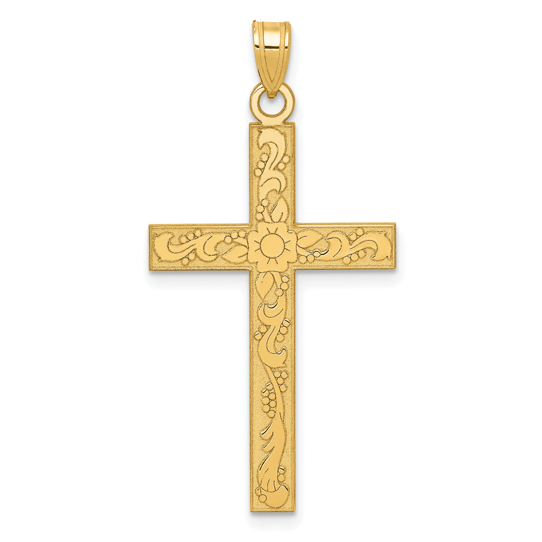 14k Etched Floral Cross Pendant