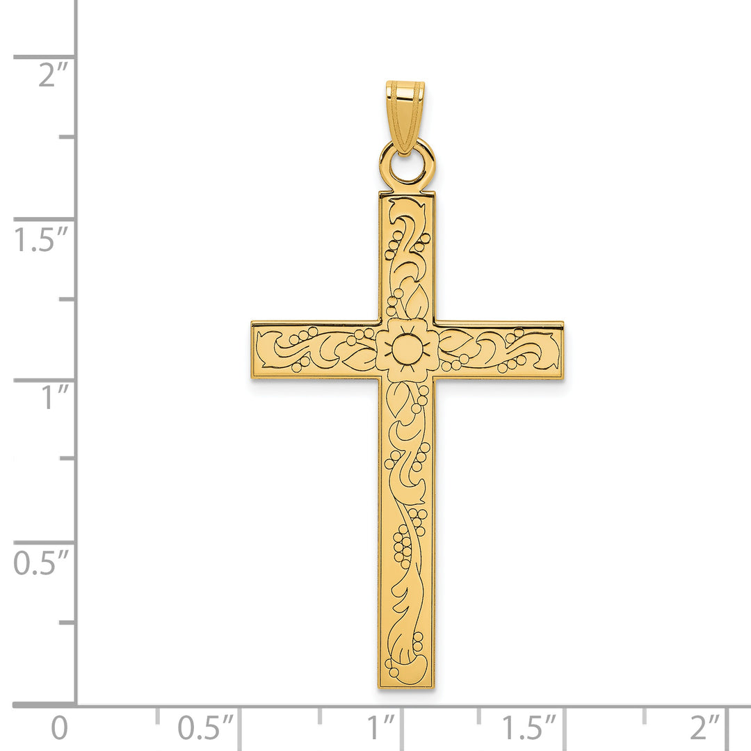 14k Etched Floral Design Cross Pendant