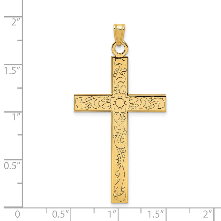 14k Etched Floral Design Cross Pendant