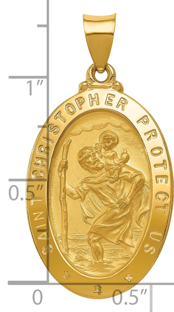 14k Polished and Satin St Christopher Medal Hollow Pendant