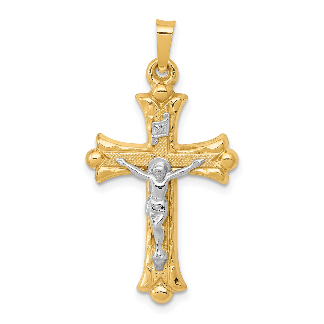 14k Two-Tone Textured and Polished INRI Crucifix Cross Pendant
