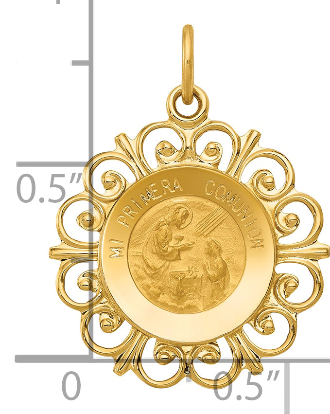 14k Polished/Satin Spanish 1st Communion Medal Hollow Pendant