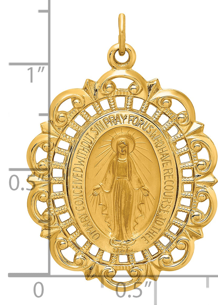 14k Solid Polished/Satin Fancy Pierced Oval Miraculous Medal
