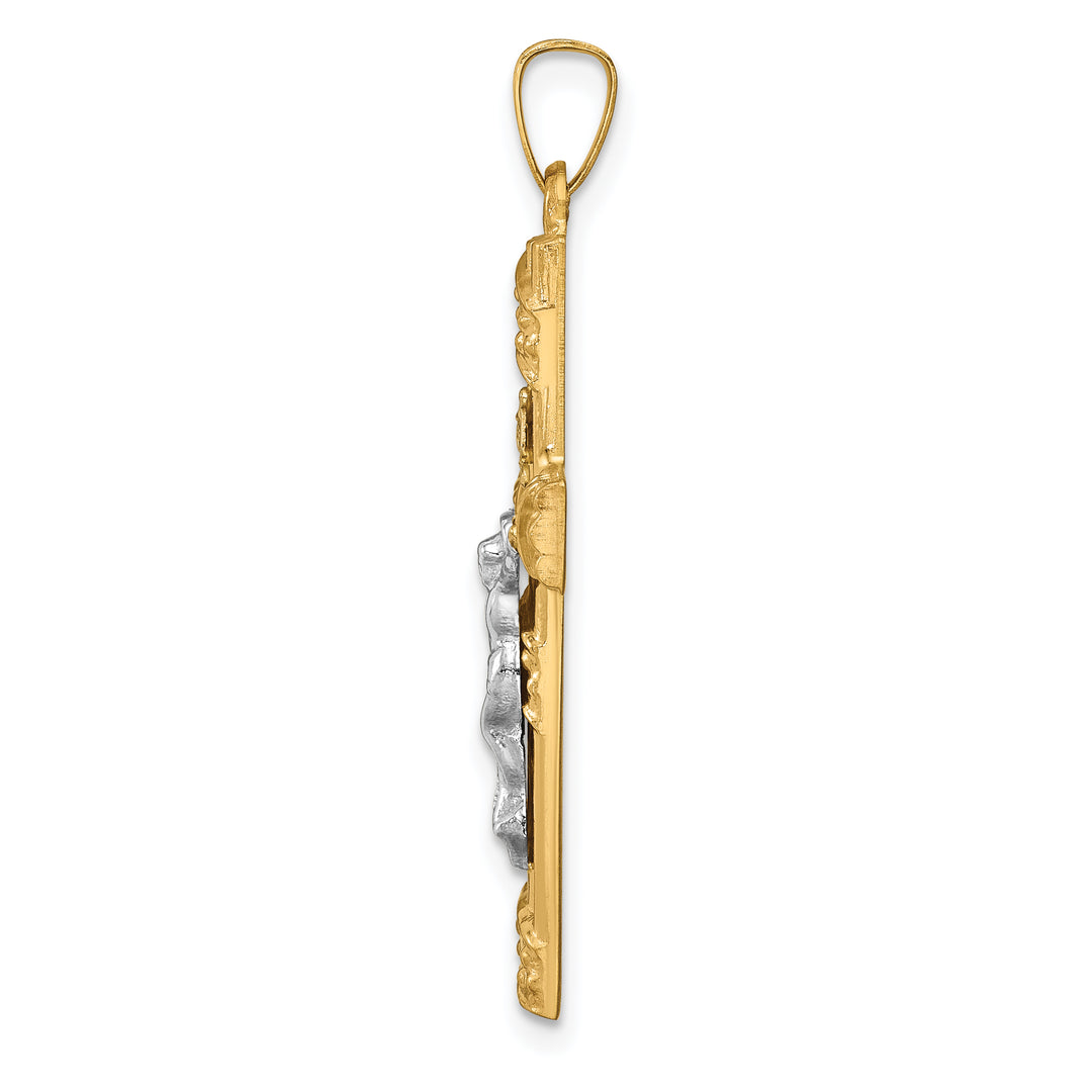 14k Two-tone Hollow Polished Textured & Striped Latin Crucifix