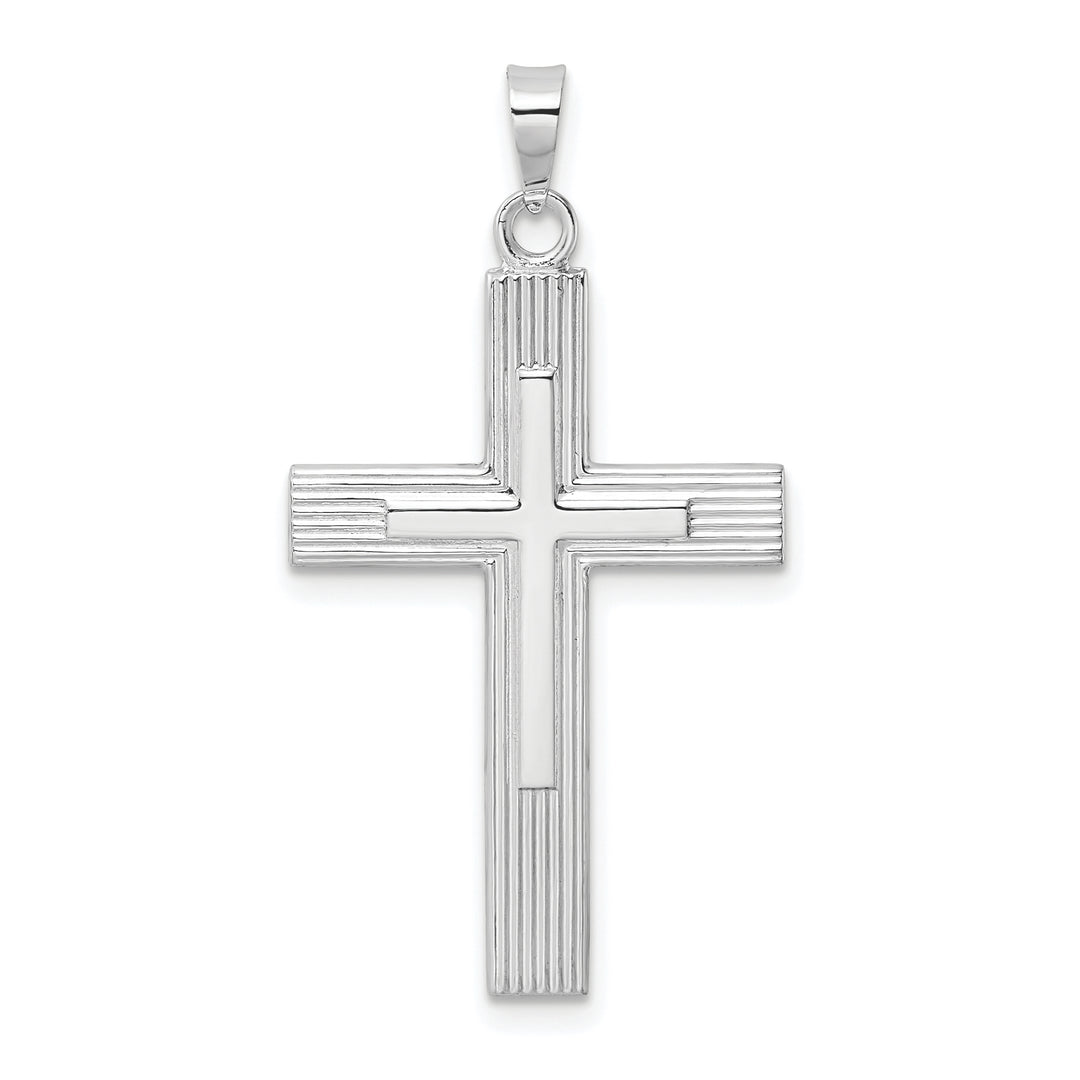 14k White Gold Polished Solid Striped Double Cross Pendant