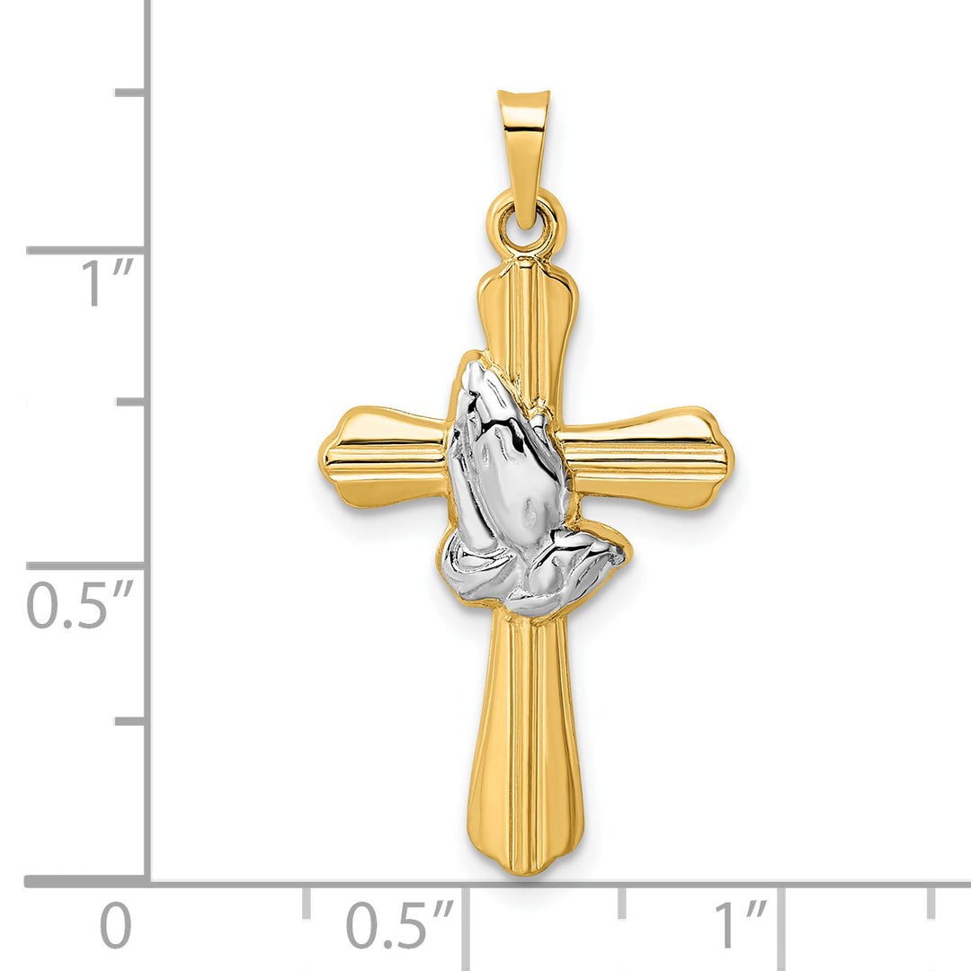 14k w/Rhodium Polished Hollow Praying Hands Cross Pendant