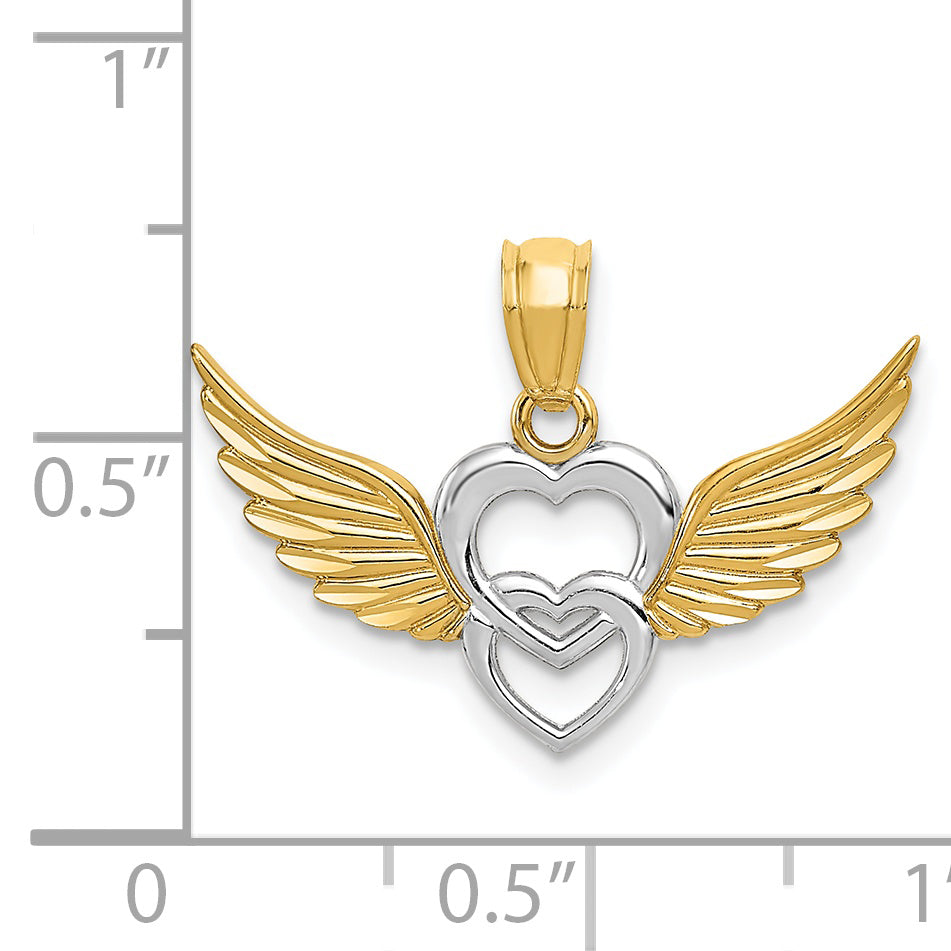 14K and White Rhodium Polished Hearts w/ Wings Pendant